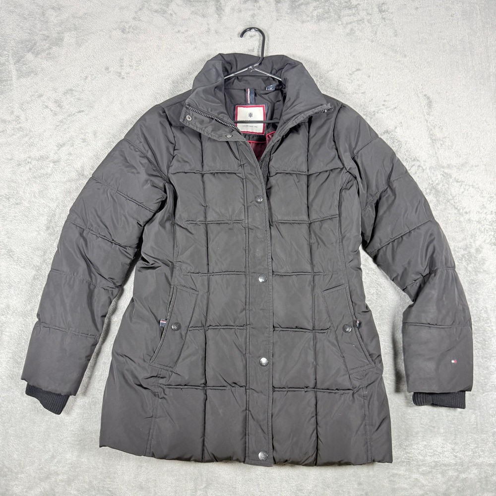Tommy Hilfiger Womens Medium Puffer Jacket Black Quilted Mid-Length Coat